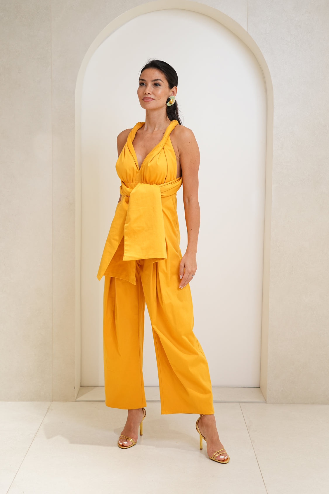 Wrap Jumpsuit - Coral/Mustard